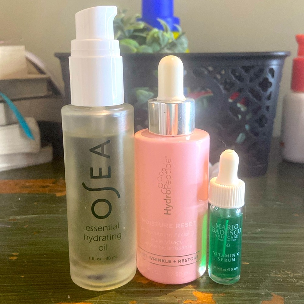 Osea essental hydrating oil. Mario basescu vitamin c serum, and hydropeptide oil